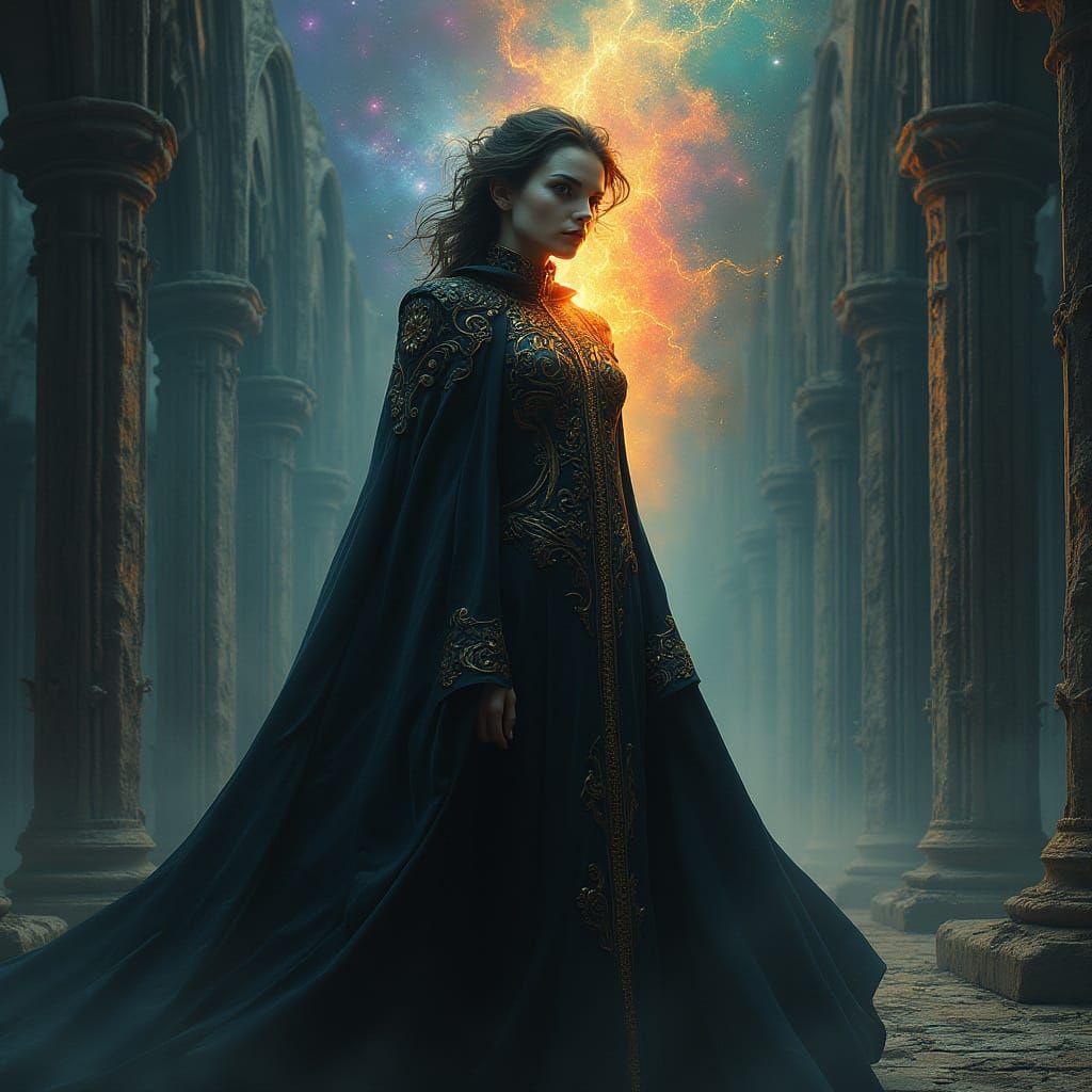 Fiery Vampire Amidst Gothic Cathedral Ruins