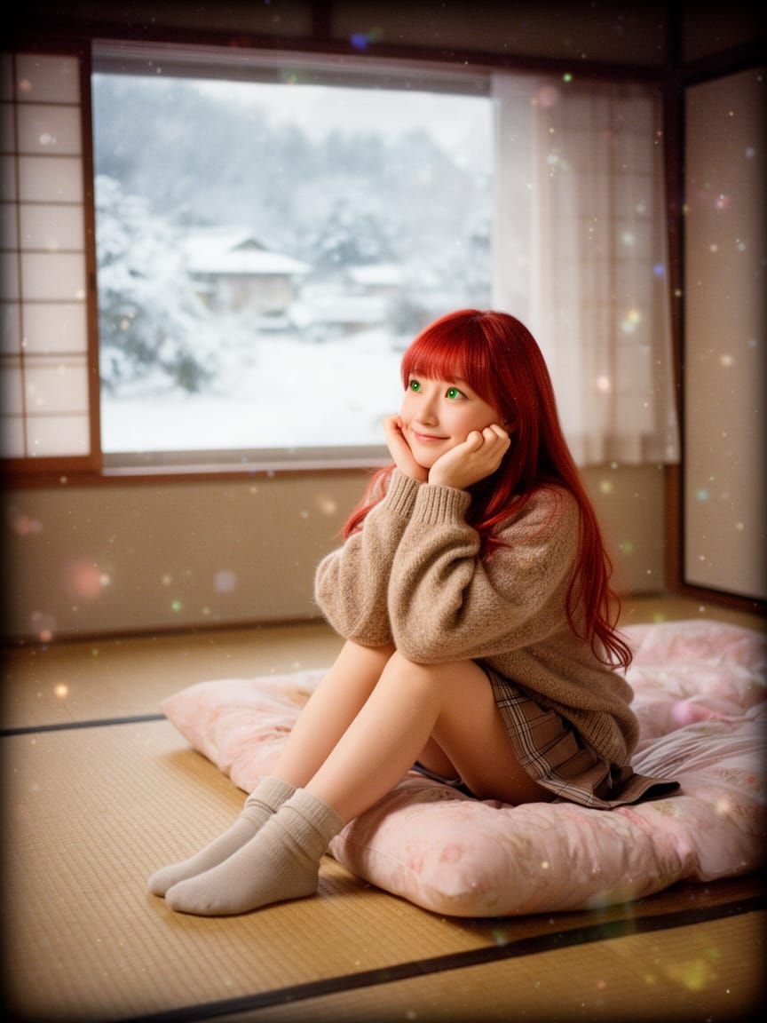 Petite Japanese Woman Gazing at Snowy Landscape