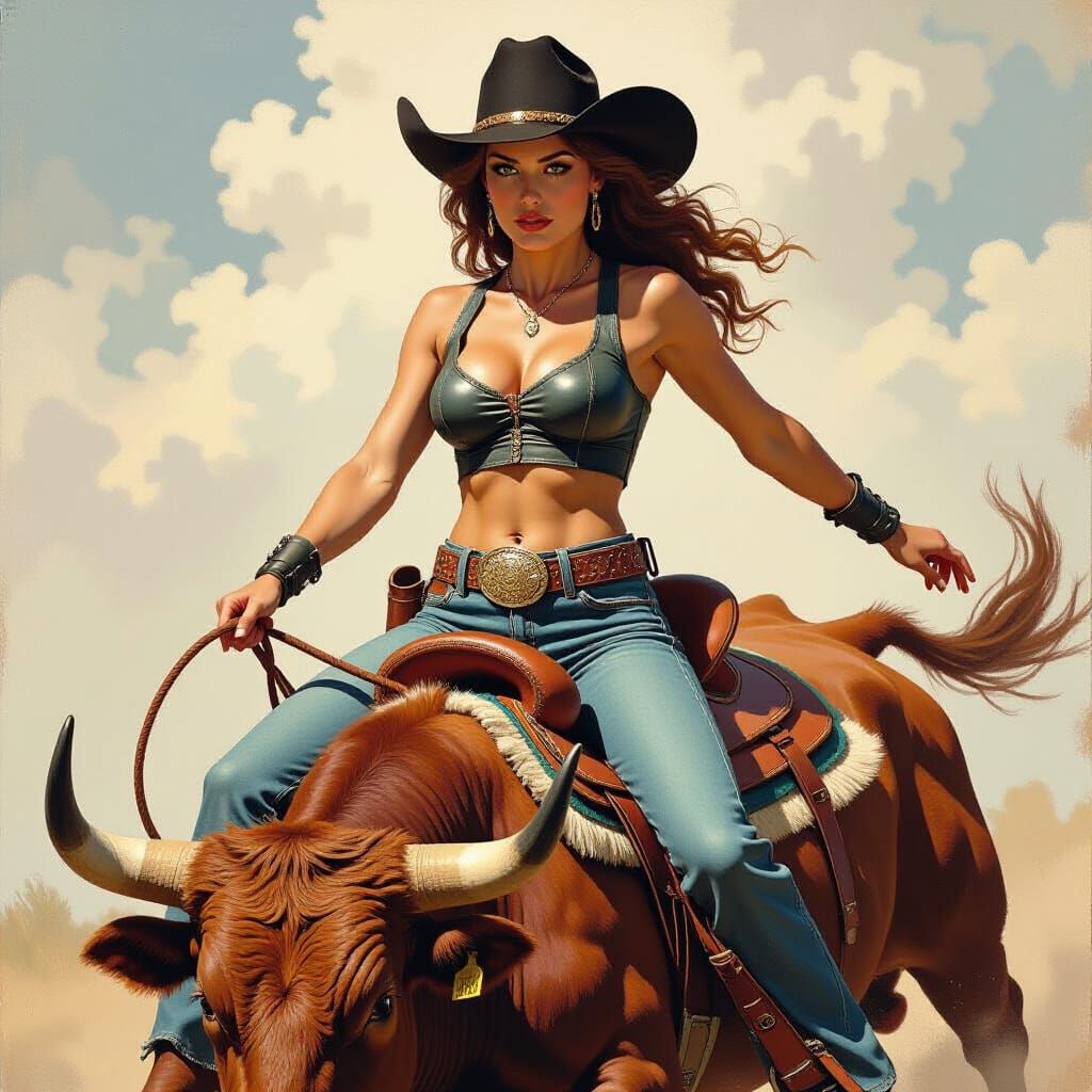 Fantasy Woman Rides Bucking Bull in Oil Painting Style