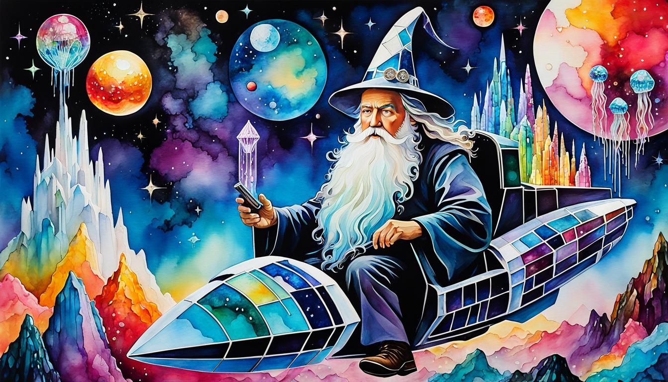 Wizard on Crystal Spaceship in Retro Art Deco