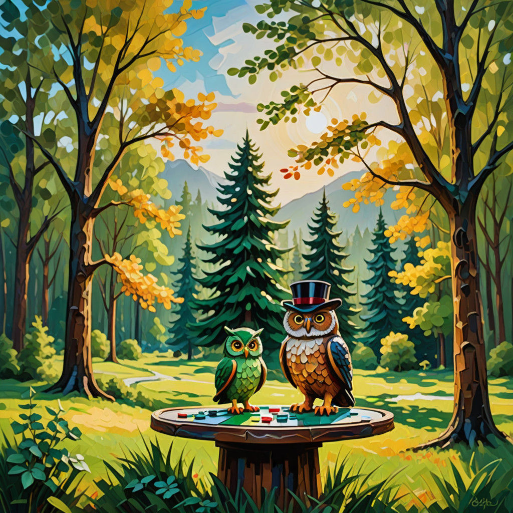 A Whimsical Oil Painting of a Toy Owl Playing Monopoly in a...