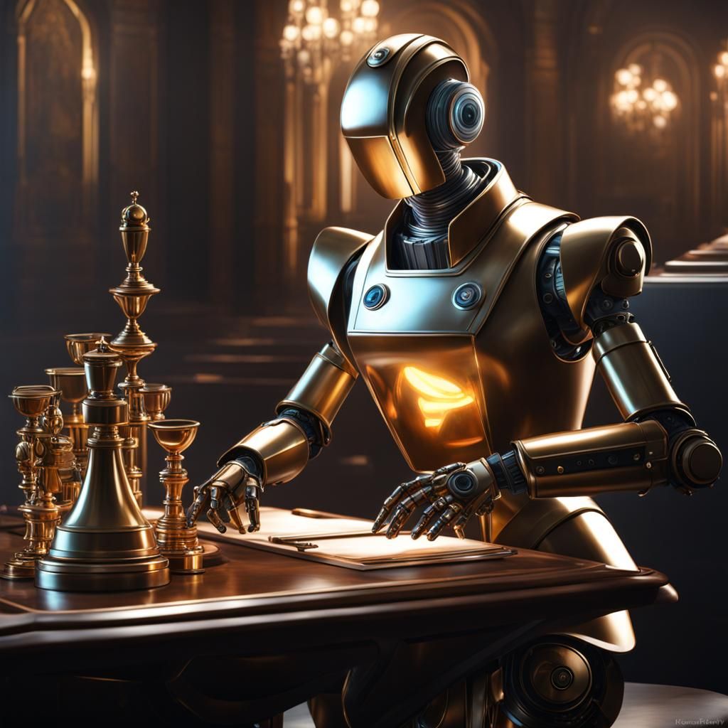 Robot Butler Polishing Silver in Mixed Media