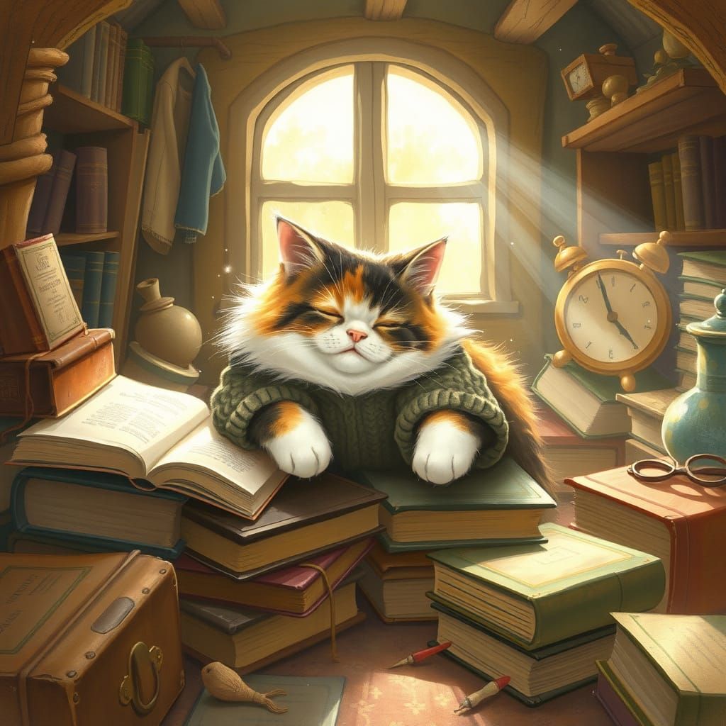 Calico Cat's Attic Nap: Whimsical Storybook Illustration