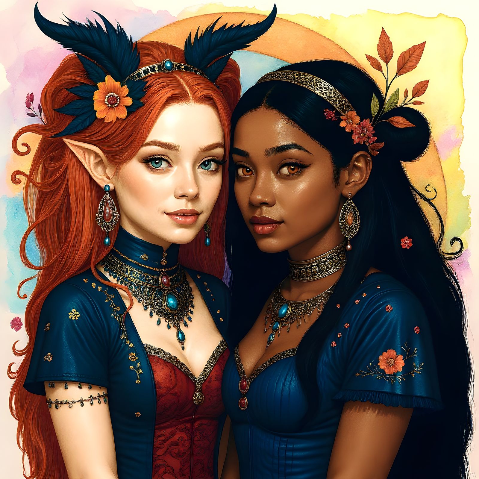 Loving Women Embrace in Colorful Alcohol Ink Style