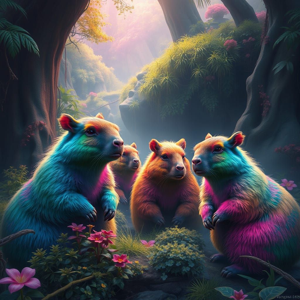 Vibrant Fantasy Capybaras in a Lush, Dreamlike Landscape