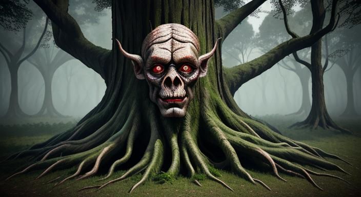 Creepy Bark Face Tree Creature in Woodpunk Style