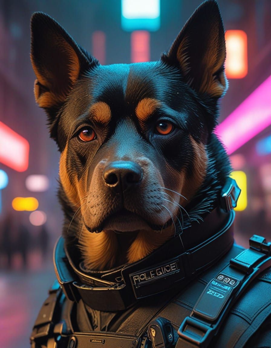 Cyberpunk K9PD Officer in Neon-Lit New York