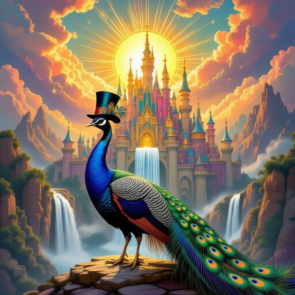 Majestic Peacock in Fantasy Castle with Golden Legs