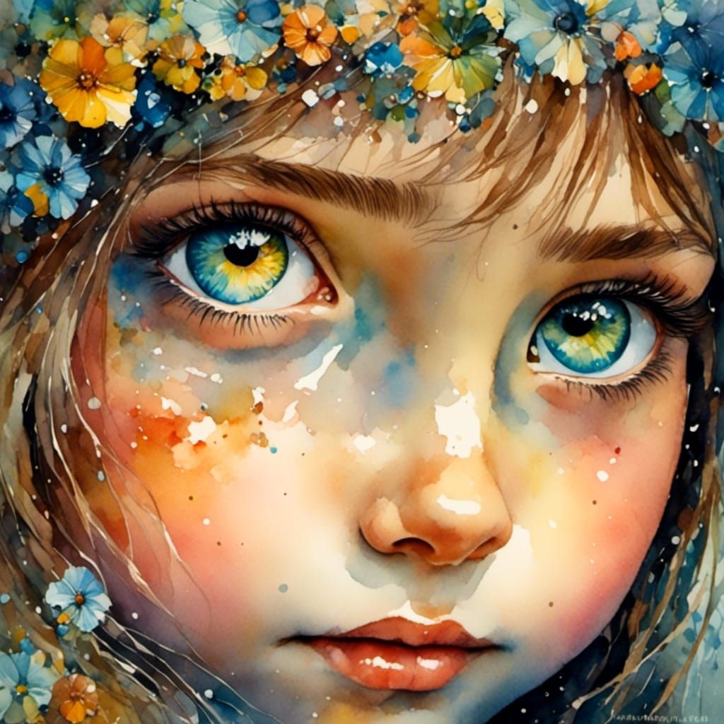 Cute Girl with Shiny Eyes as Impasto Painting