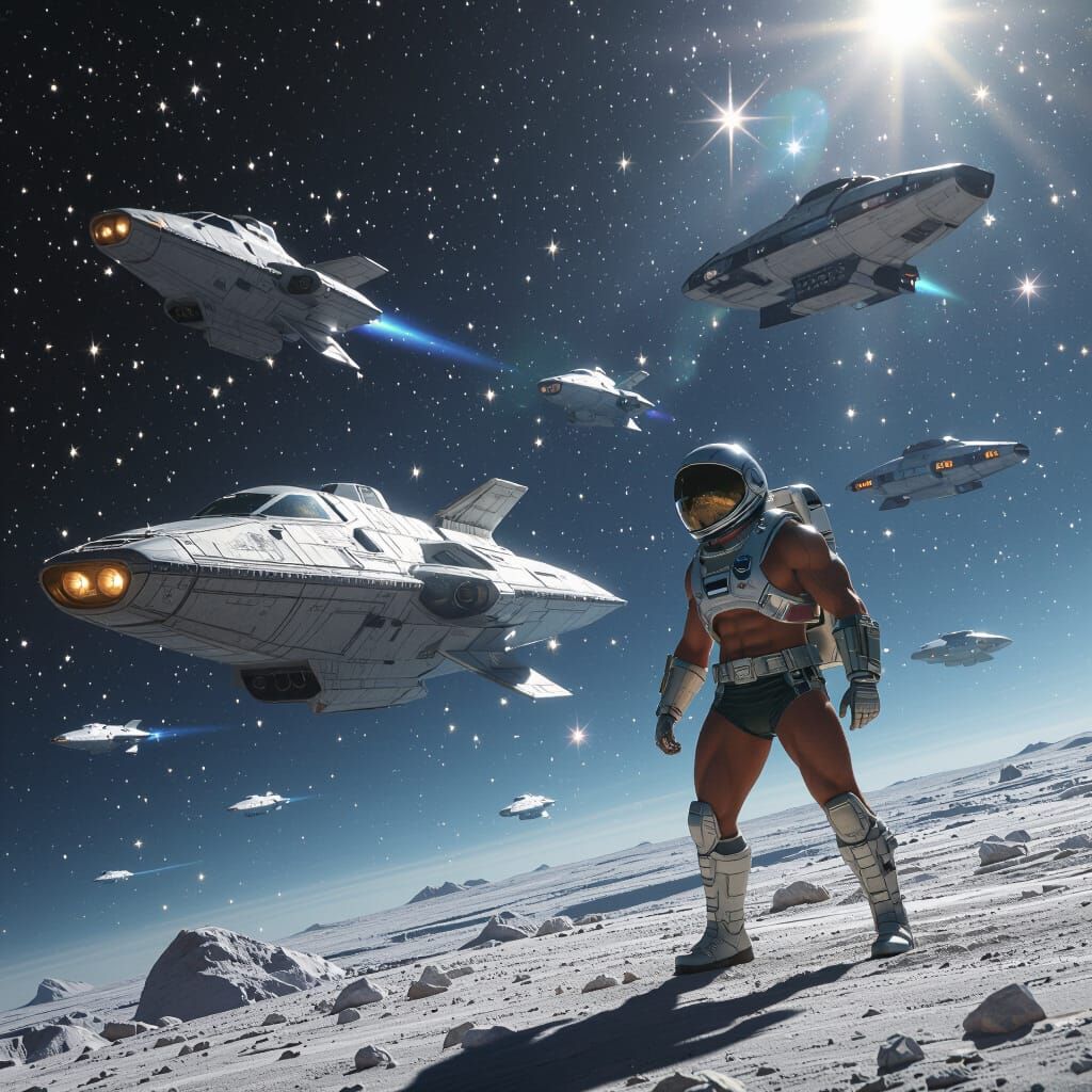 Muscular Man in Spaceship Protecting Galaxy