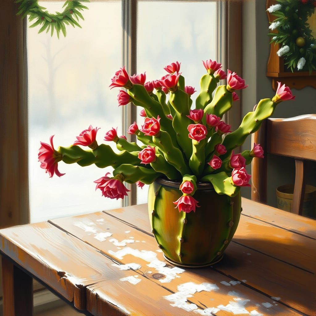 Lush Christmas Cactus in Traditional Oil Painting Style