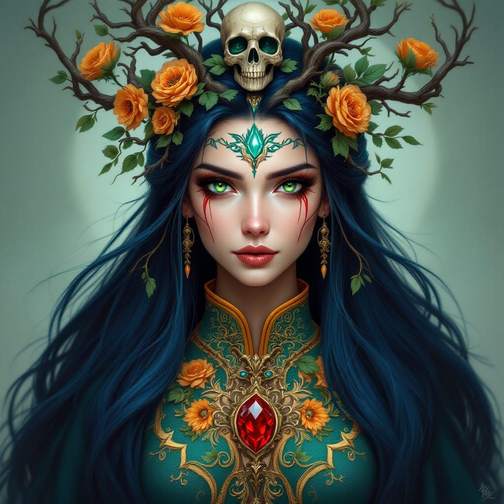 Mystical Woman with Emerald Eyes: Fantasy Digital Painting