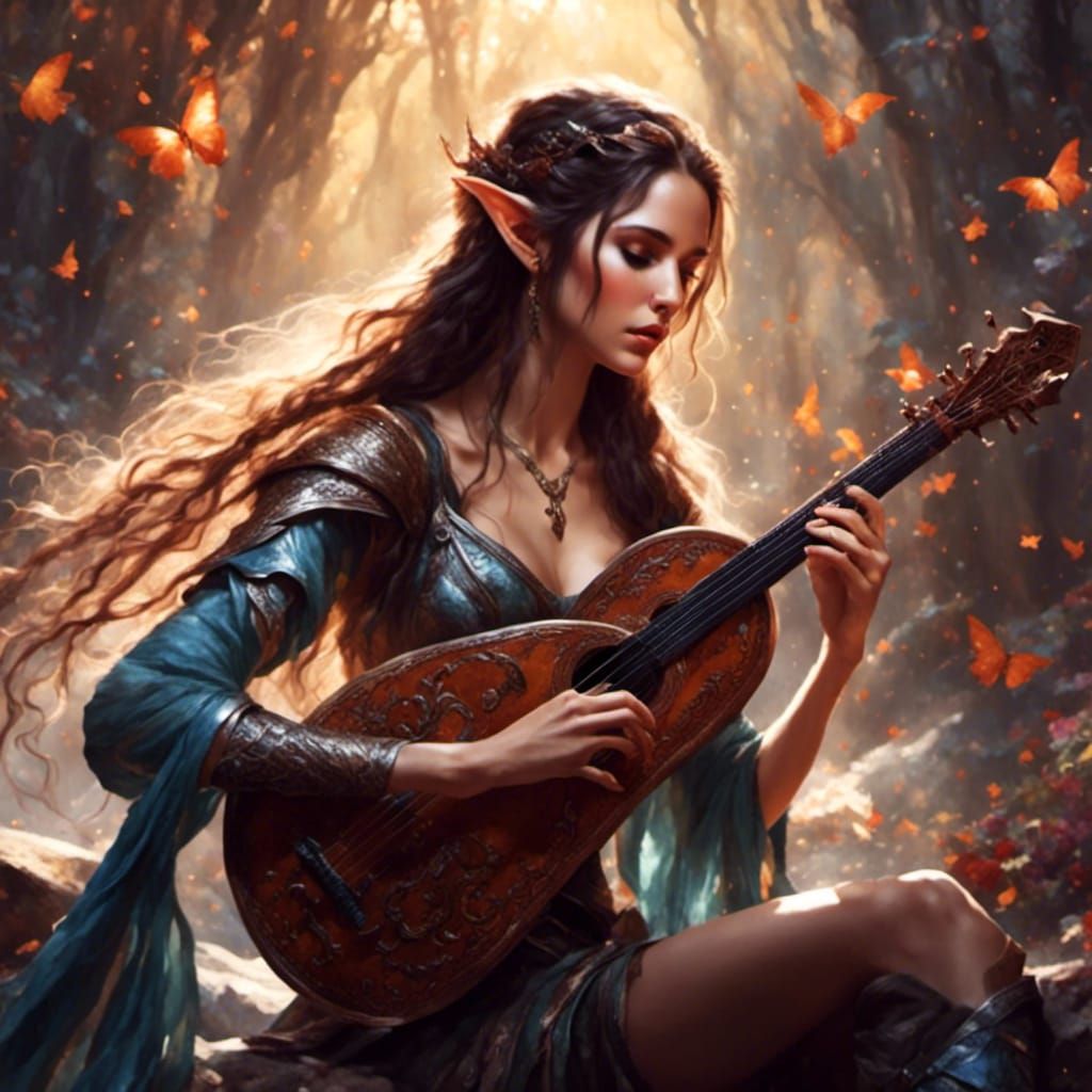 Ethereal Elf Bard Playing Lute with Gritty Finish