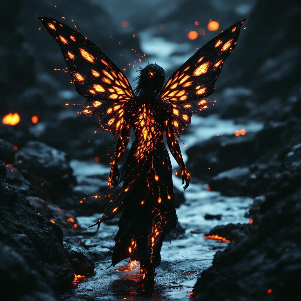 Epic Fire Fairy Walking Near Lava River