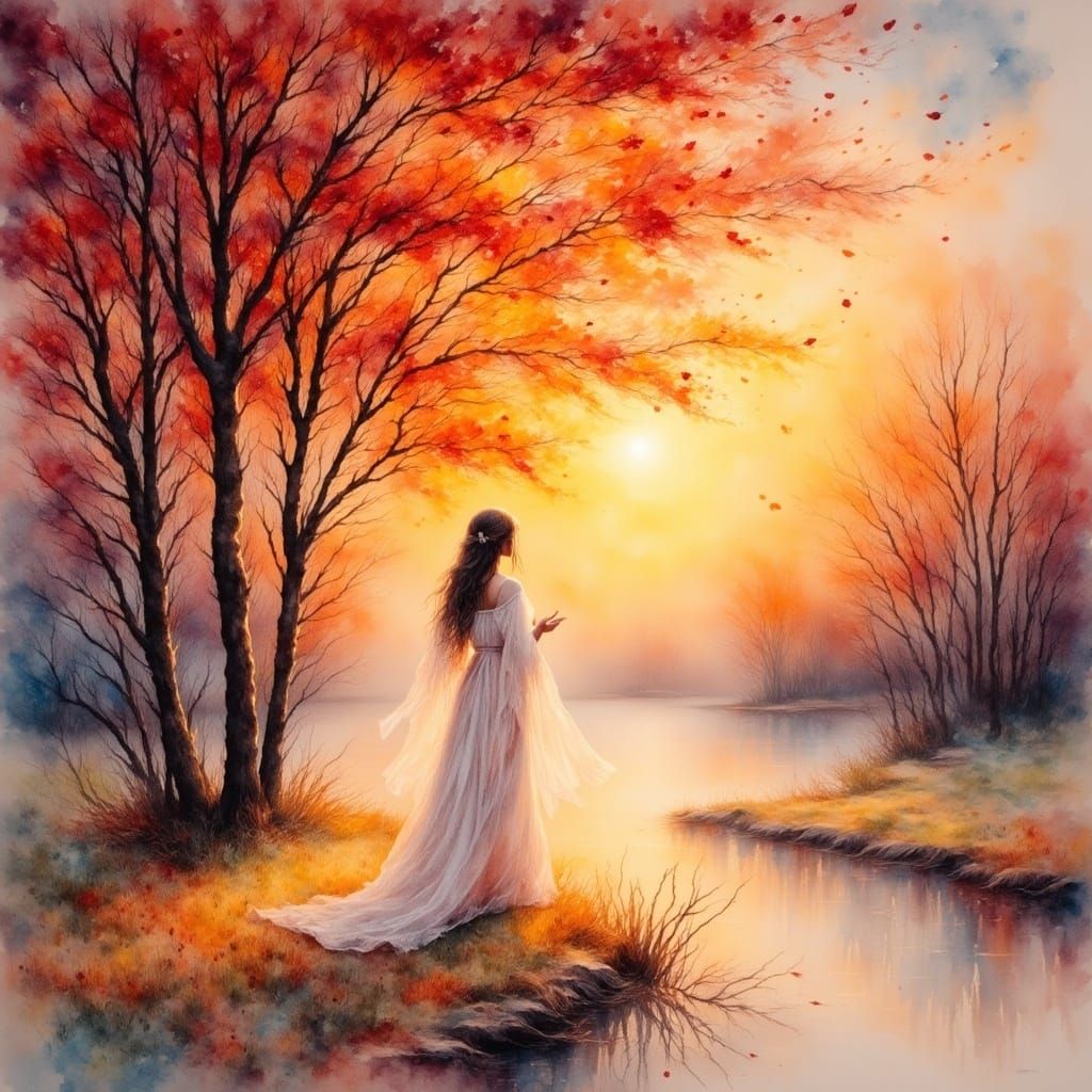 Back Facing Angel in Autumn Trees as Watercolor