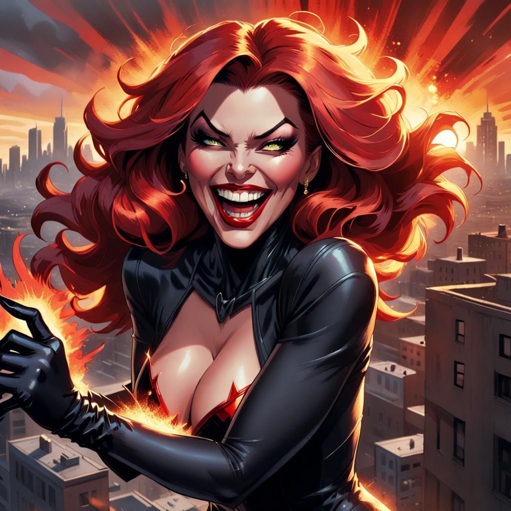 Villainess Laughing in Fiery Comic Book Art