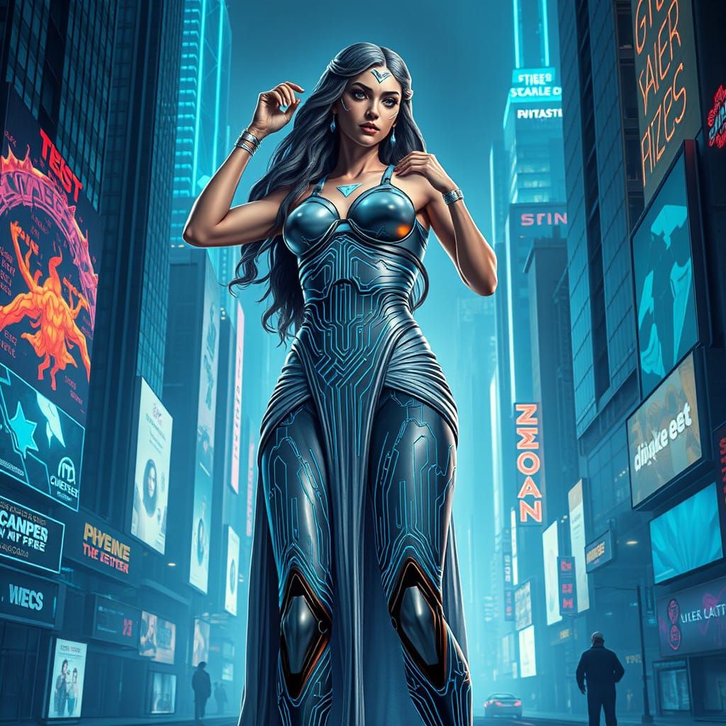 Cyberpunk Goddess Emerges in Neon-Lit Metropolis