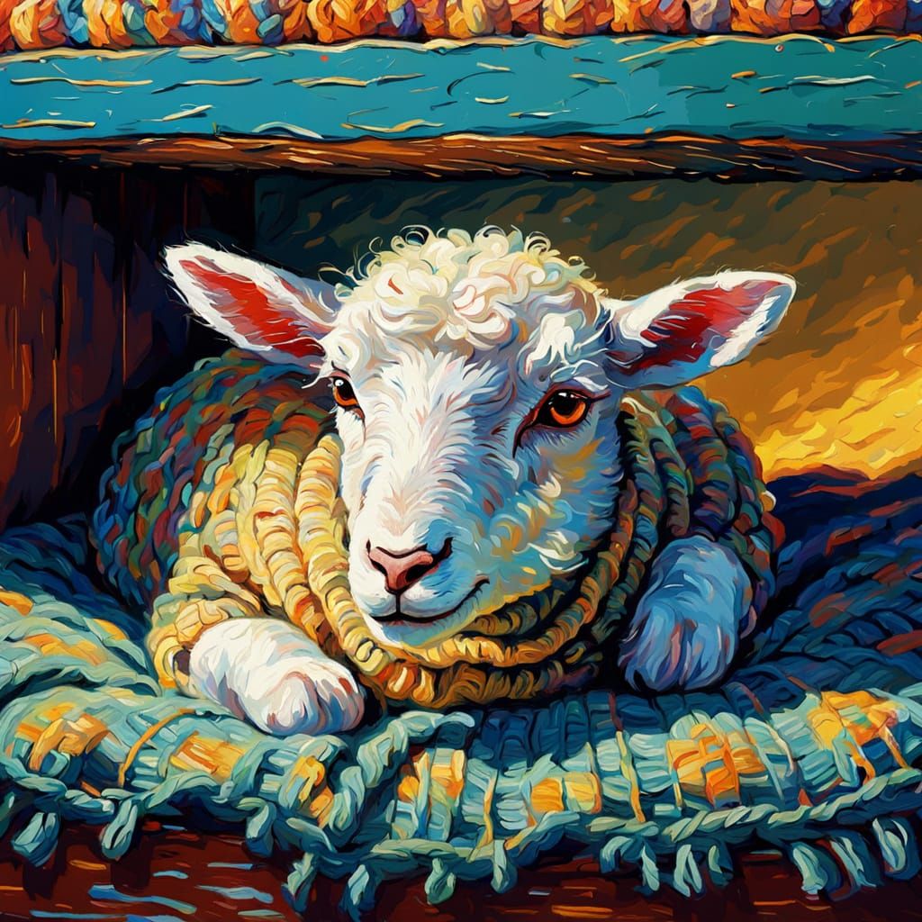 Nervous Lamb Under Bed in Neo-Impressionism Style