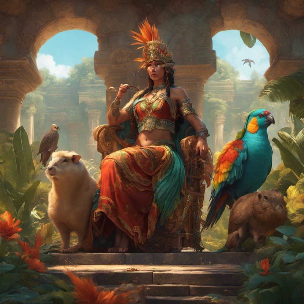 Amazonian Queen with Capybara, Hyperdetailed Digital Art