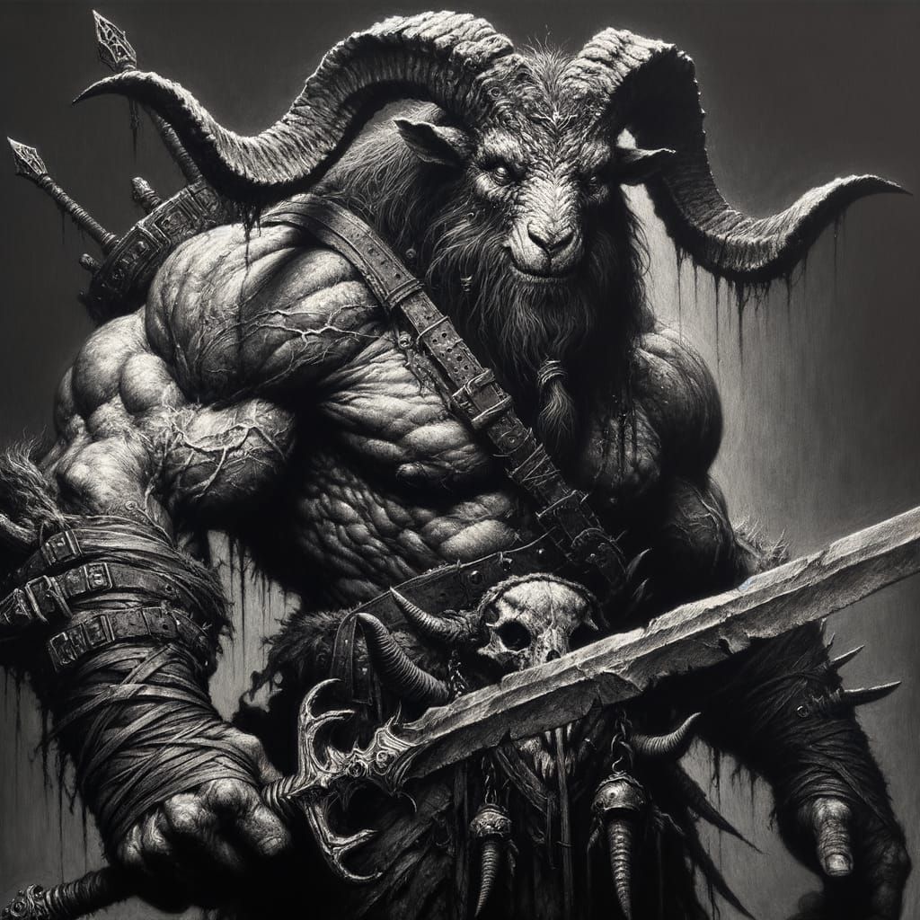 Charcoal Drawing of a Chaos Beastman Tribe Leader