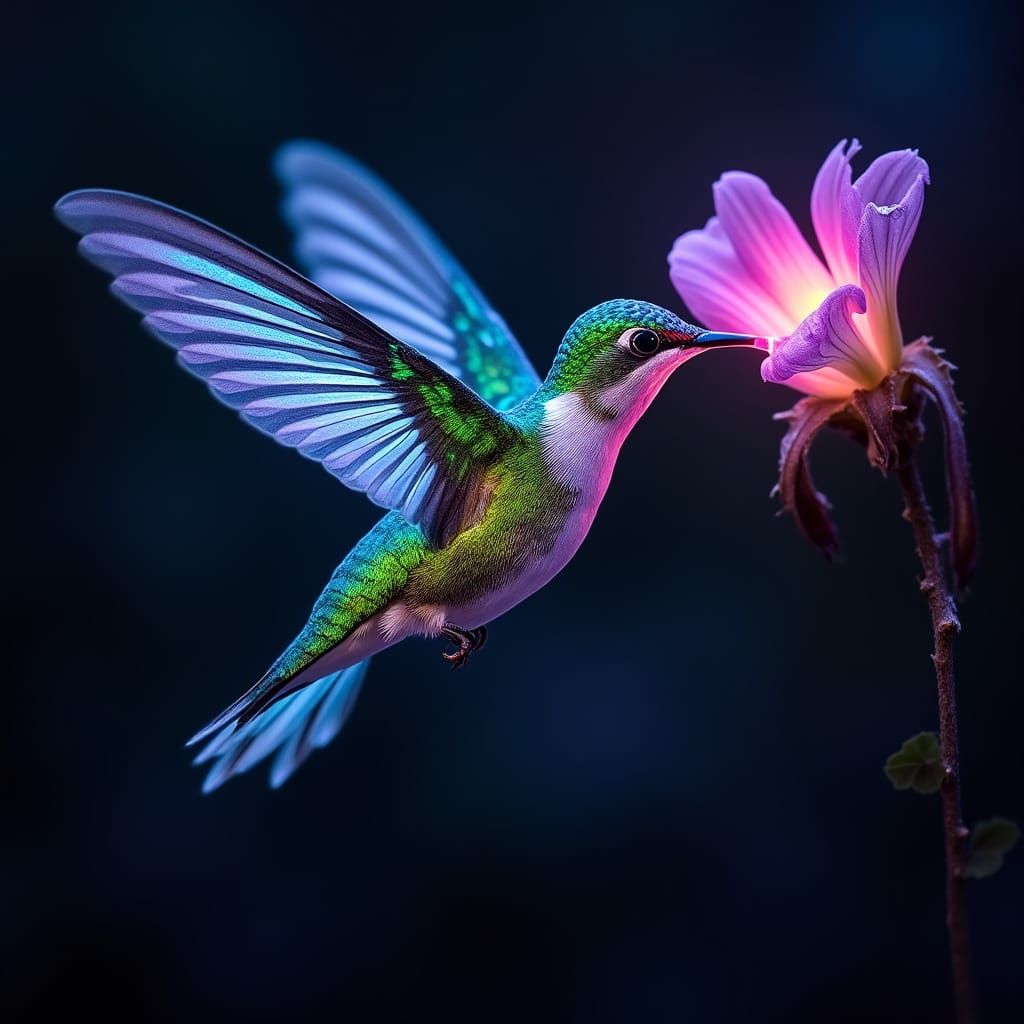 Bioluminescent Hummingbird with Glowing Wings