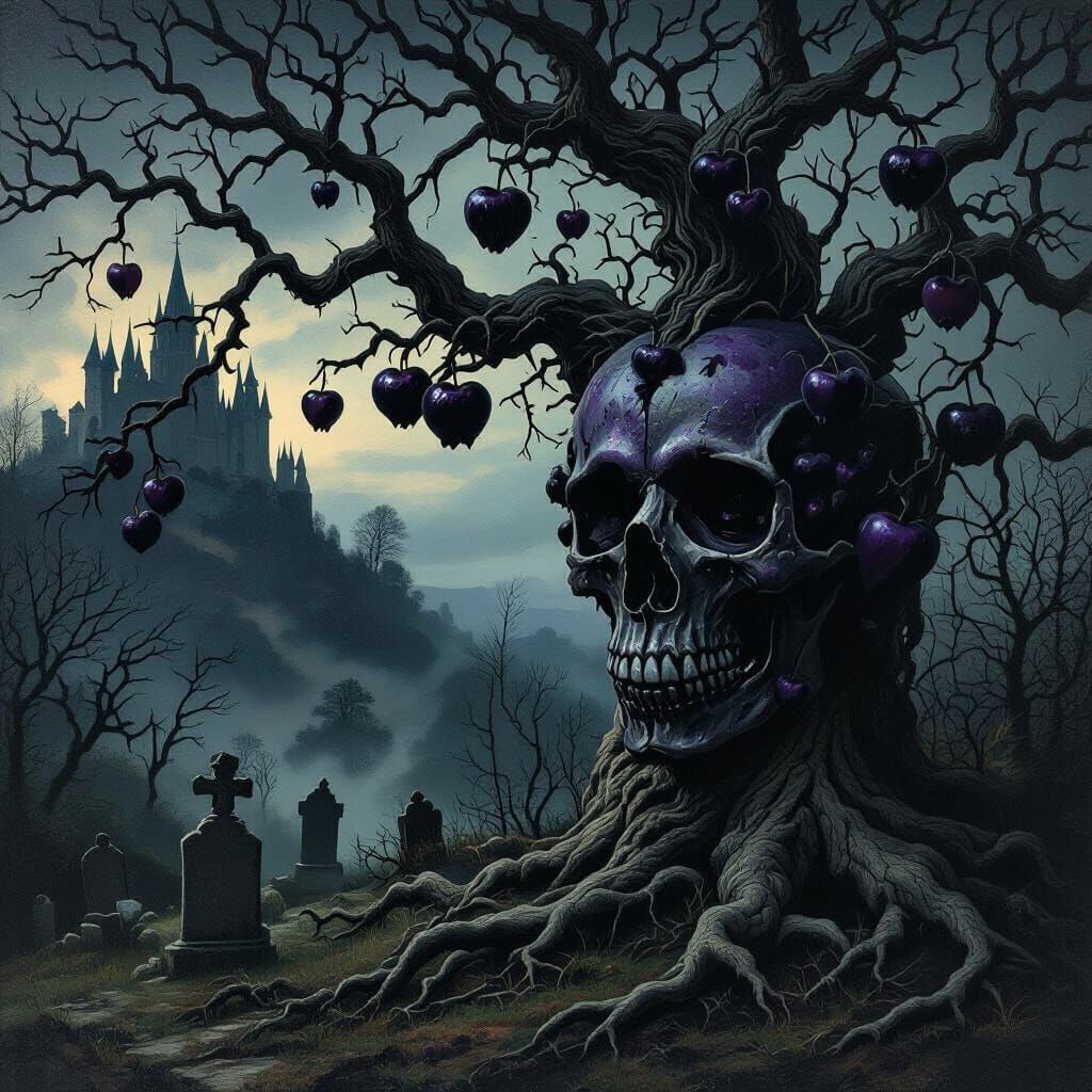 Gothic Forest Tree with Skull Apples & Castle Silhouette