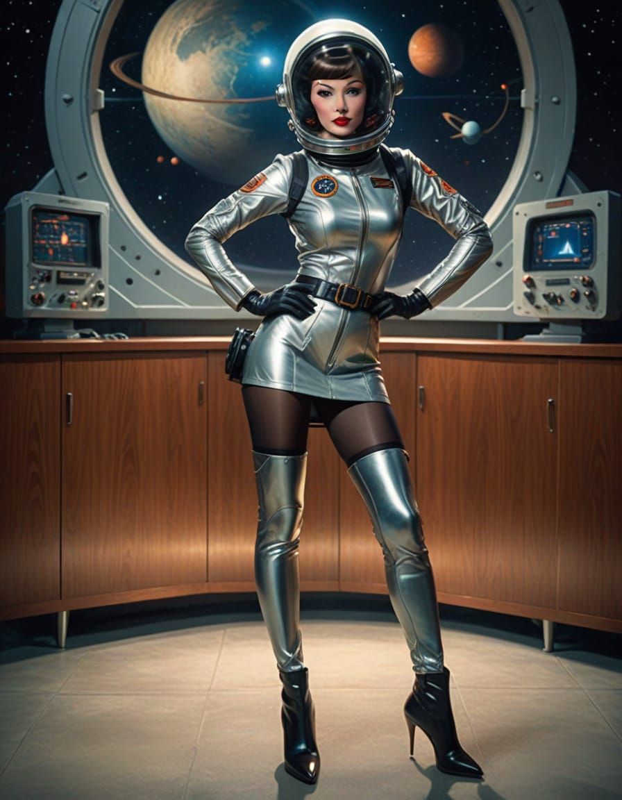 Retro Sci-Fi Pin-Up Girl in Mid-Century Modern Spacesuit