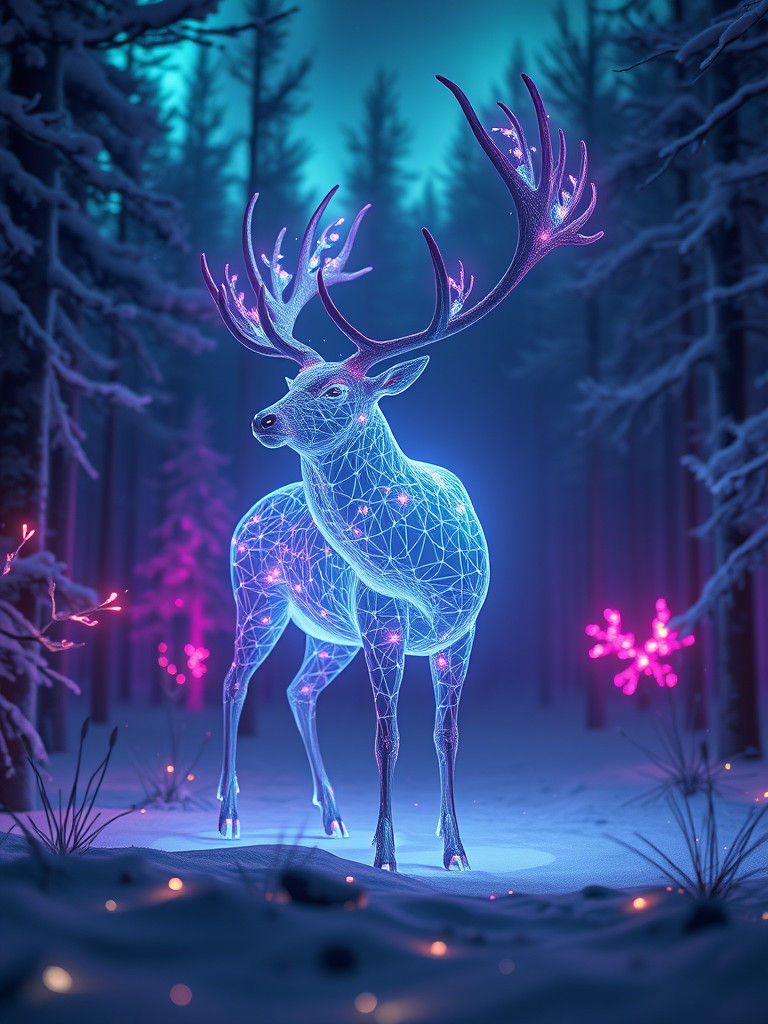 Glowing Prismatic Elk in Fractal Snow-Lit Forest