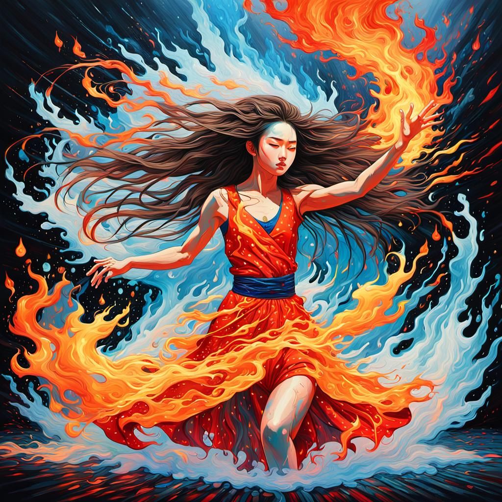(A colorful beautiful fire and ice active dancer with long colorful hairs in wind under rain)