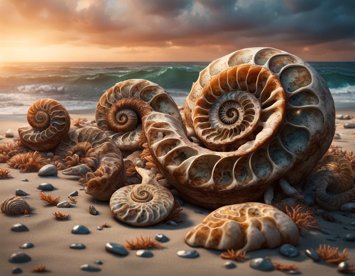 Detailed Ammonites Washed Up on Beach: Fantasy Art