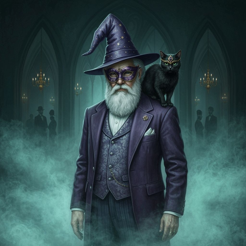 Victorian Wizard with Cat in Gothic Ballroom
