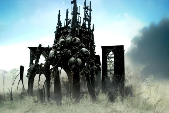 Biomechanical Caravan Amidst Lost Civilization Ruins