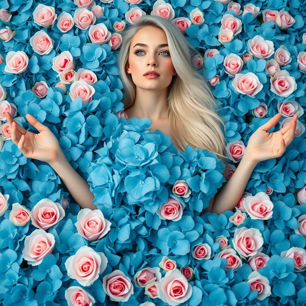 Ethereal Goddess Amidst Vibrant Blooms in Soft Focus