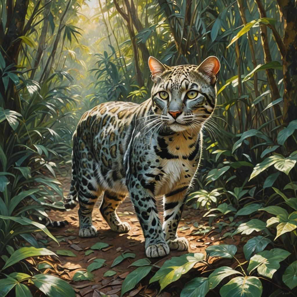 Silver Leopard Cat in Jungle, Impressionist Oil Painting