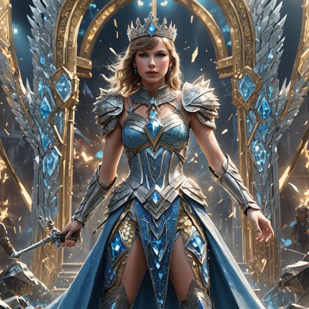 Taylor Swift, princess warrior, silver dimond crown, light yellow and ligth blue with dimond armor, concert stage, brigh...