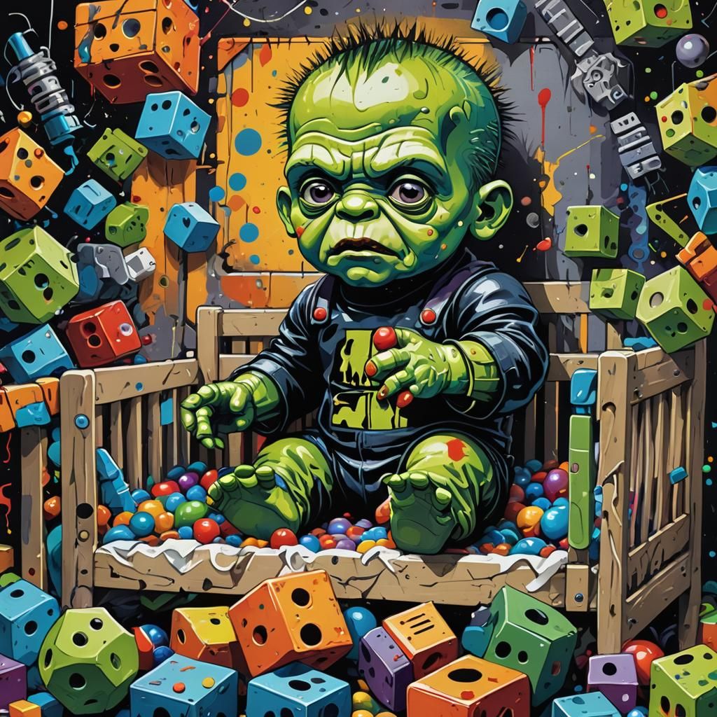 Baby Frankenstein Portrait in Graffiti Art Style