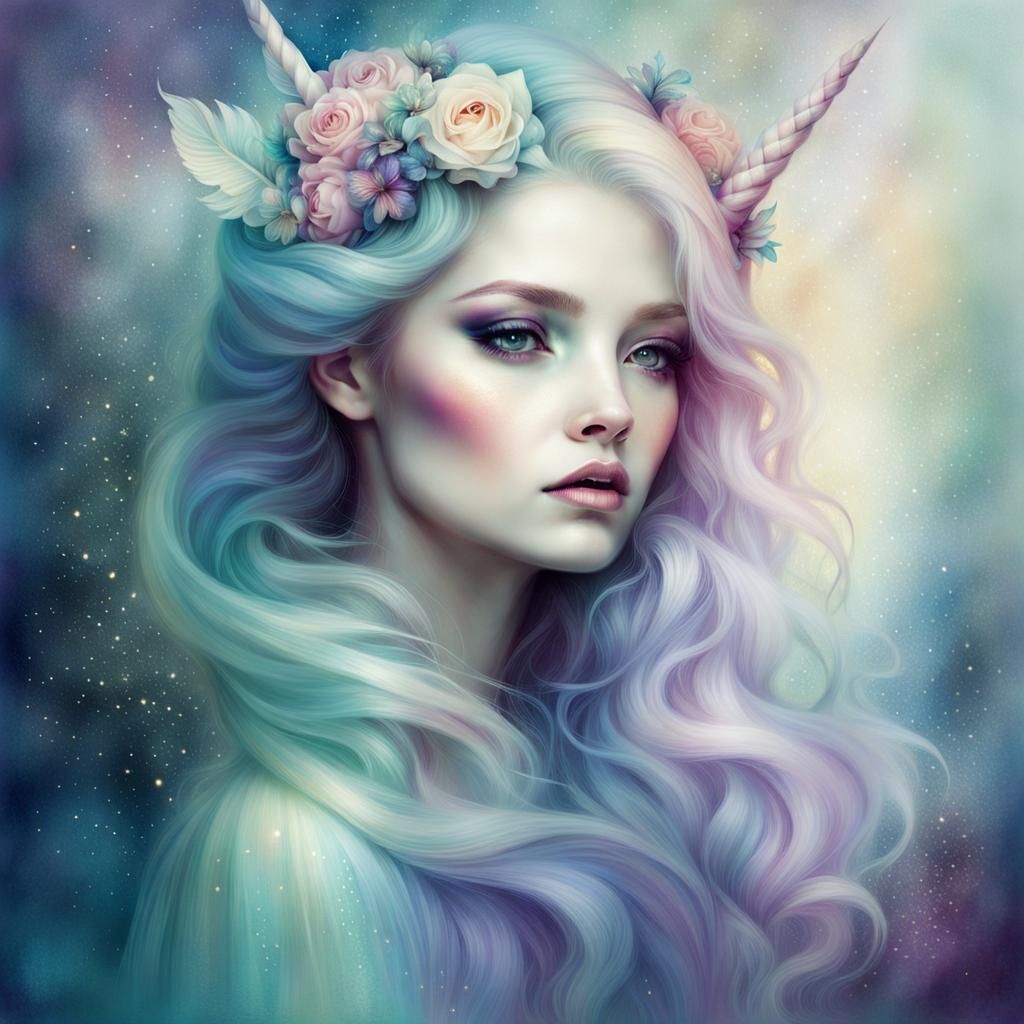 Ethereal Unicorn Girl Portrait in Dittmann Style