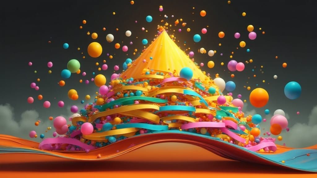 Colorful Marble Pyramid on Winding Track in Surreal 3D Style