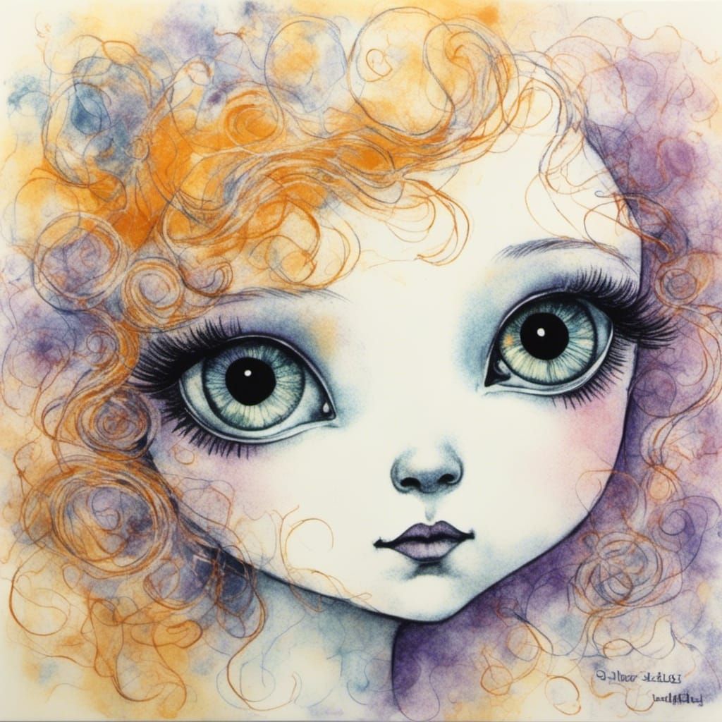 Fluffy Creature with Large Blue Eyes as Ink Drawing