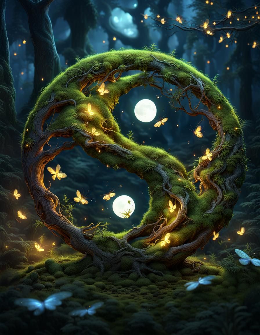 Yin and Yang Symbol in Fairy Forest at Night