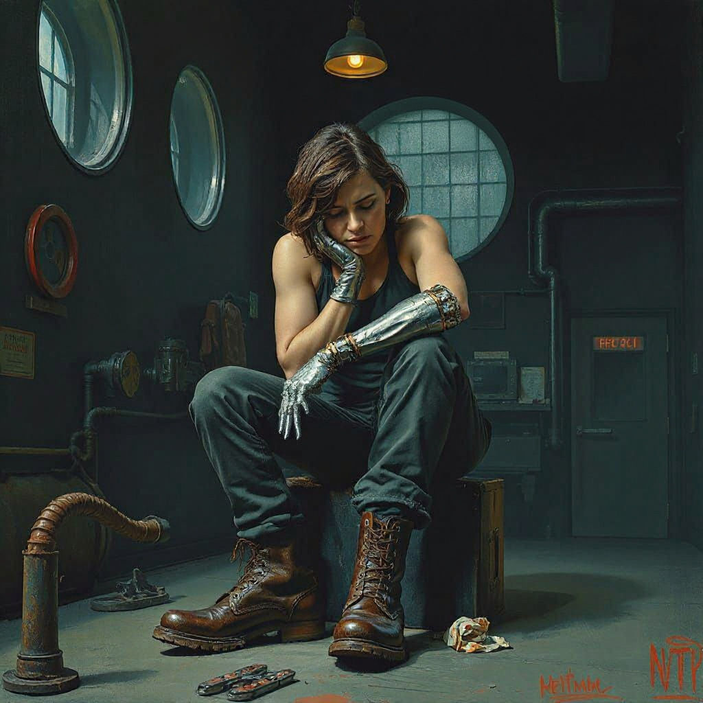 Tired Mechanic in Industrial Art Deco Setting