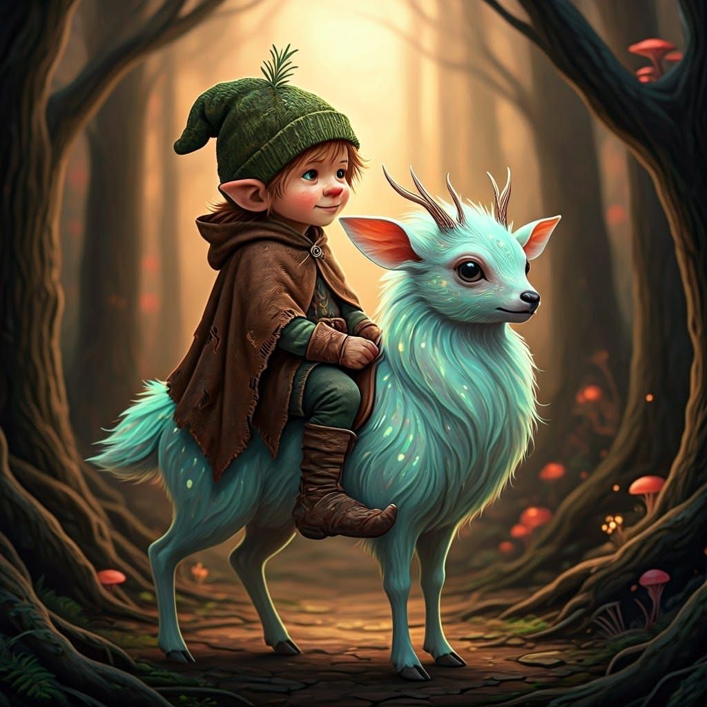 Gnome Rides Mystical Deer in Enchanted Forest