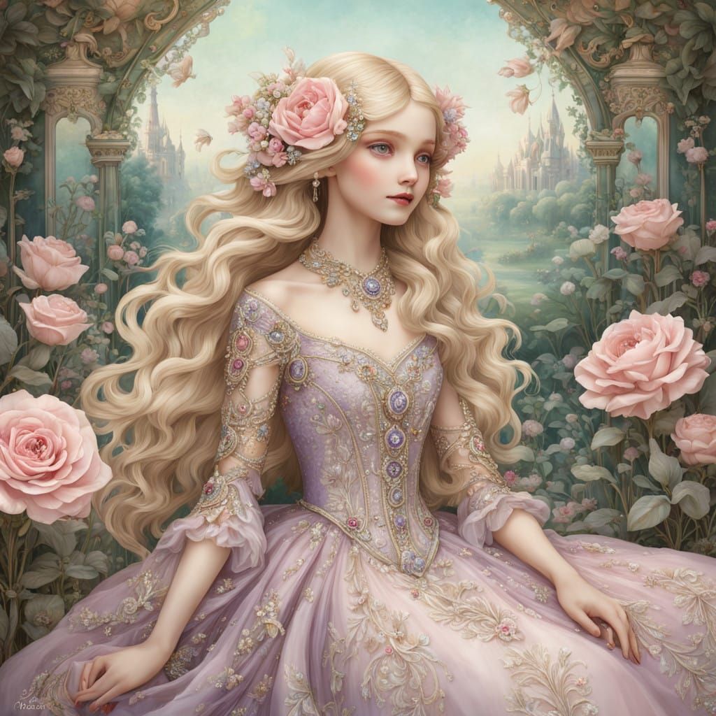 Whimsical Portrait of a Blonde Russian Lady in a Rose-Hued W...