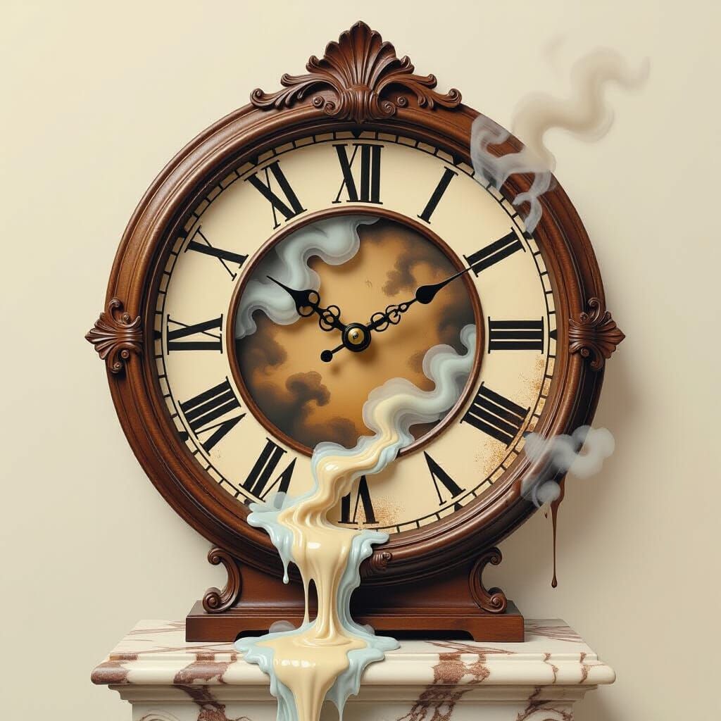 Surreal Antique Clock Dissolving in Dreamlike Style