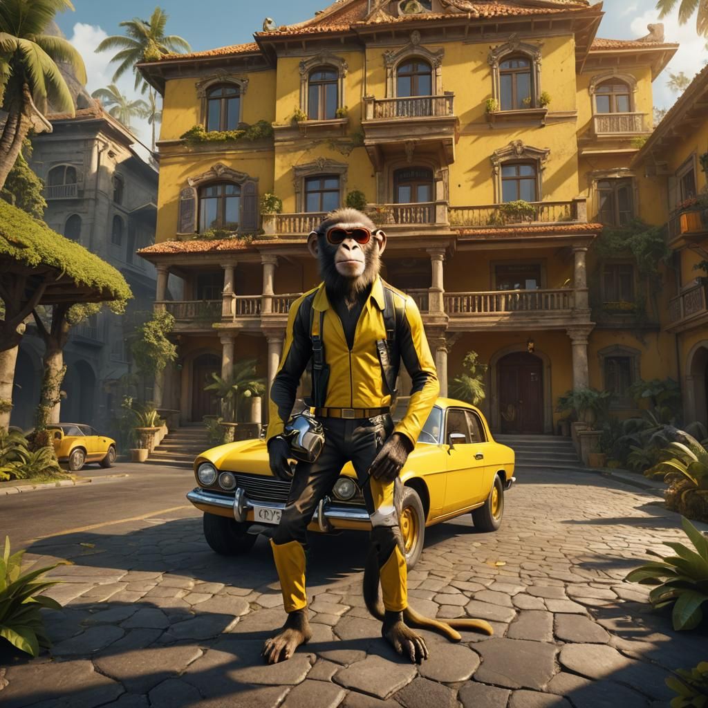 Monkey in Villa with Car: Detailed Matte Painting