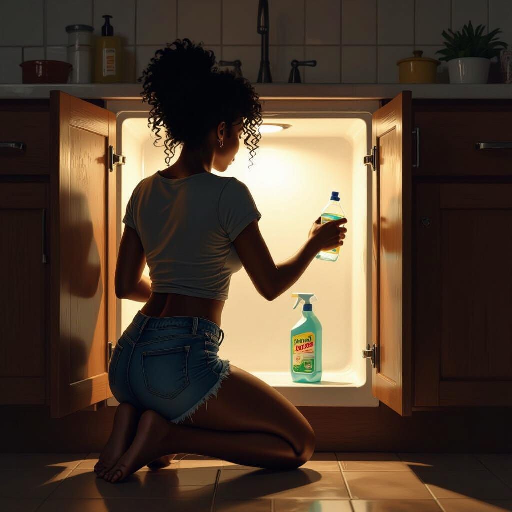 Mother Kneeling by Sink in Dramatic Lighting