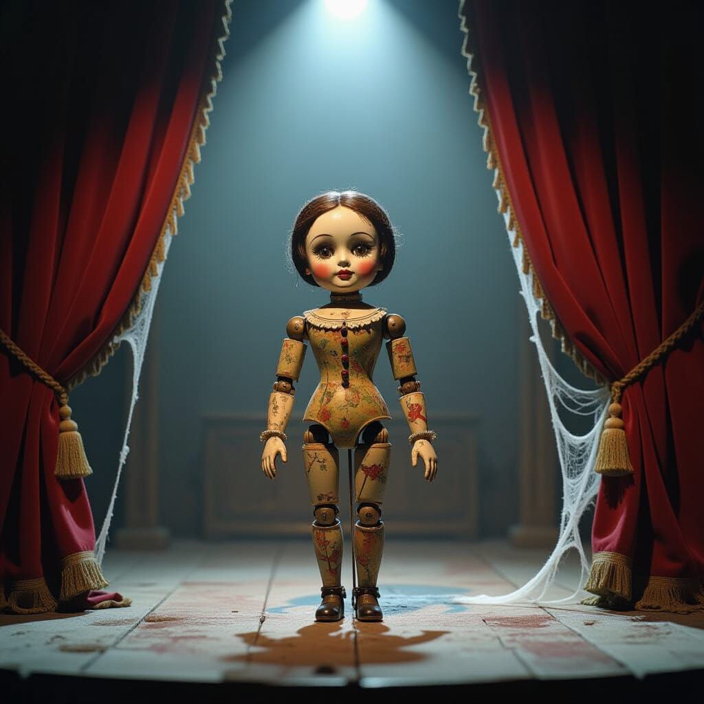 Antique Marionette on Dusty Stage in Cinematic Light