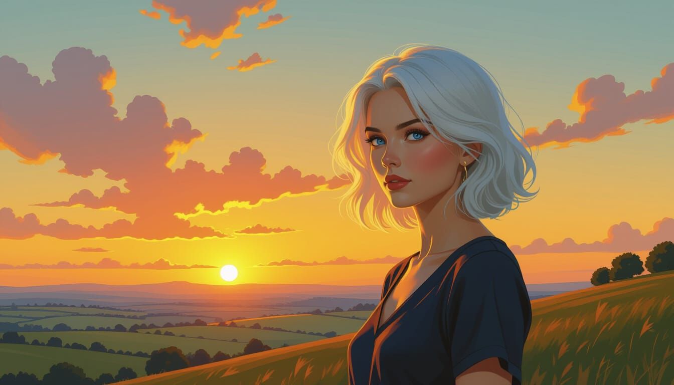 Woman Witnesses Golden Sunset in Dreamy Landscape