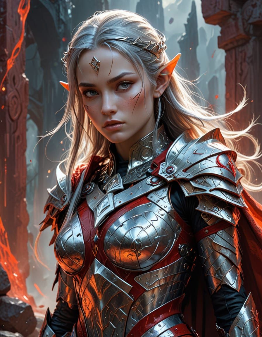 Elven Warrior Guarding Ancient Runes in Comic Style