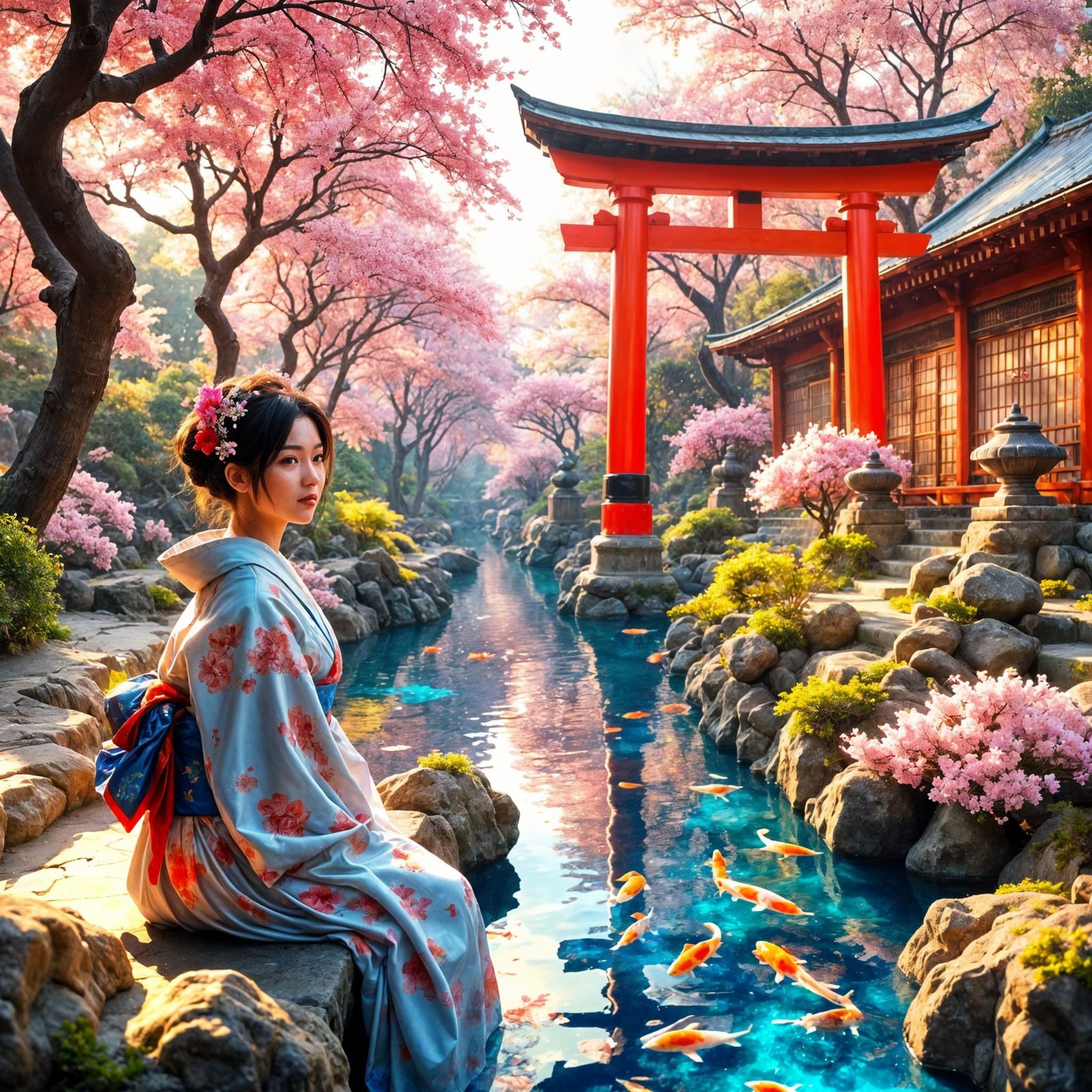 Stunning Japanese Garden Scene with a Young Geisha Girl